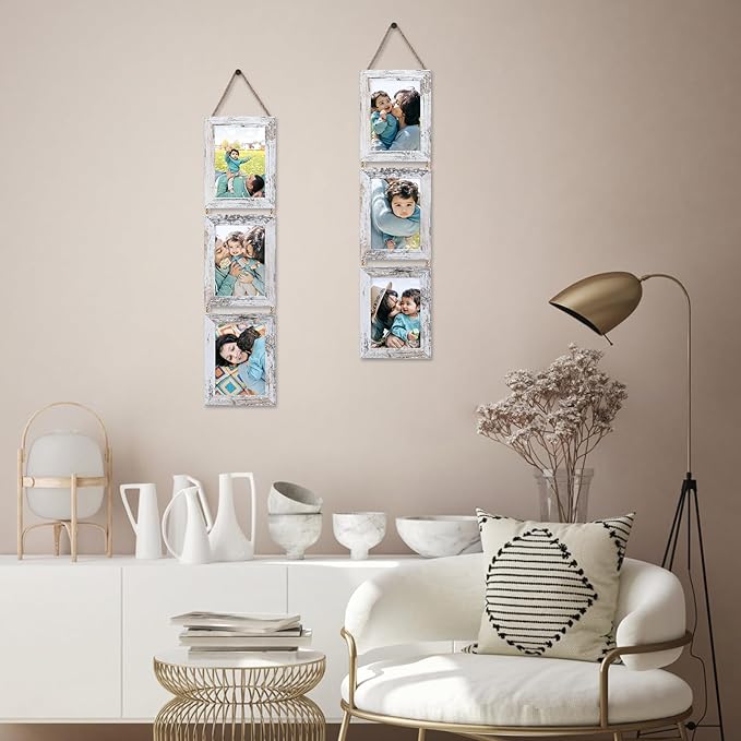 Lavezee 5x7 Collage Hanging Triple Picture Frames Set, 6 Opening Distressed White Vertical Frame Made to Display 5 by 7 Inch Photo Prints for Wall Decor