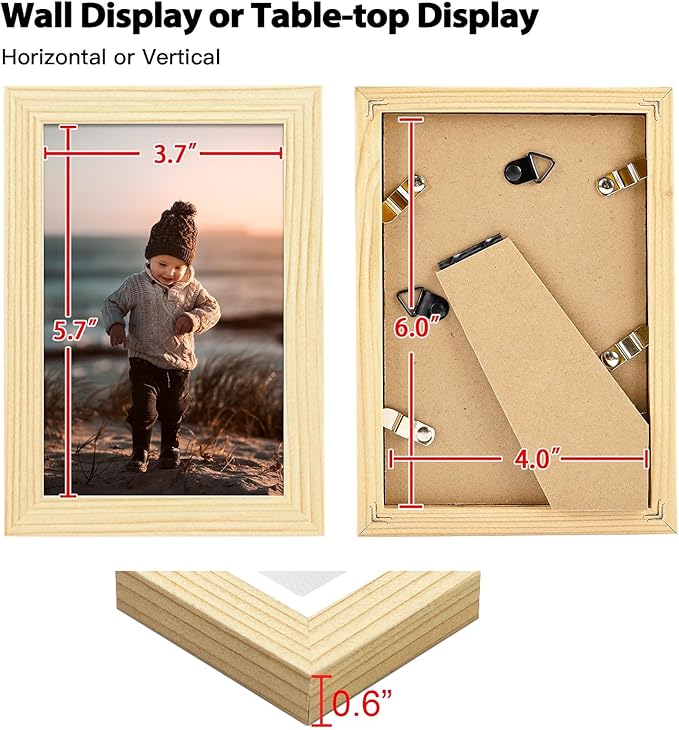 KINLINK 4x6 Picture Frame Wood Grain Set of 6, Wooden Photo Frames with Plexiglass for 4x6 without Mat for Table and Wall Display