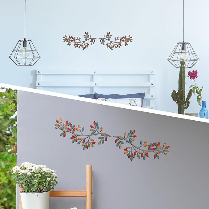 Hotop 2 Pieces Metal Tree Leaf Wall Decor Vine Olive Branch Leaf Wall Art Wrought Iron Scroll Sculptures Above the Bed, Living Room, Outdoor Decoration(Classic Style,Vintage Color)
