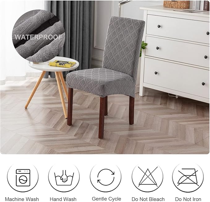Genina Waterproof Chair Covers for Dining Room, Stretch Jacquard Dining Chair Slipcovers Removable Washable Chair Protector for Kitchen, Parsons (Jacquard-Light Gray, 6 PCS)