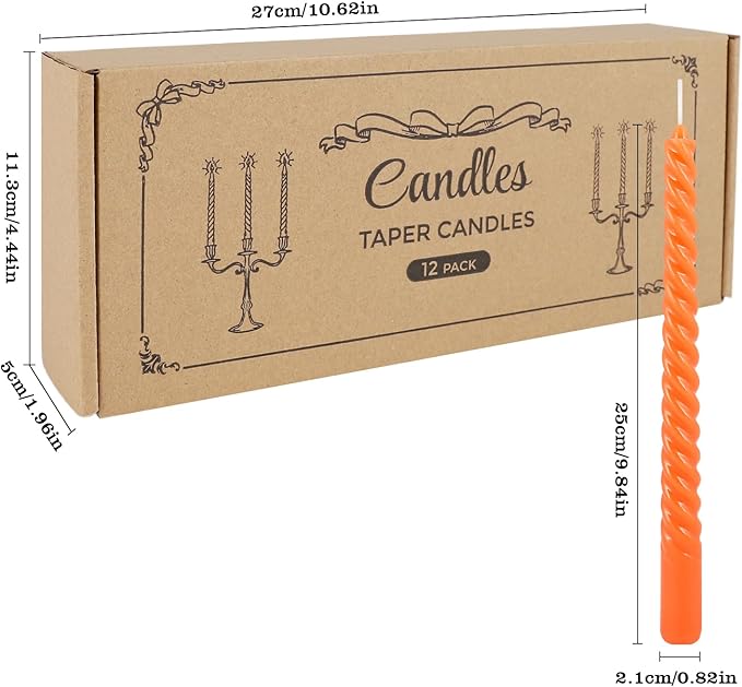 12 Pack 10 Inch Spiral Taper Candle Set, Unscented Dripless Candlesticks for Dinner,Party Brithday Wedding,Halloween and Home Decoration(Orange )