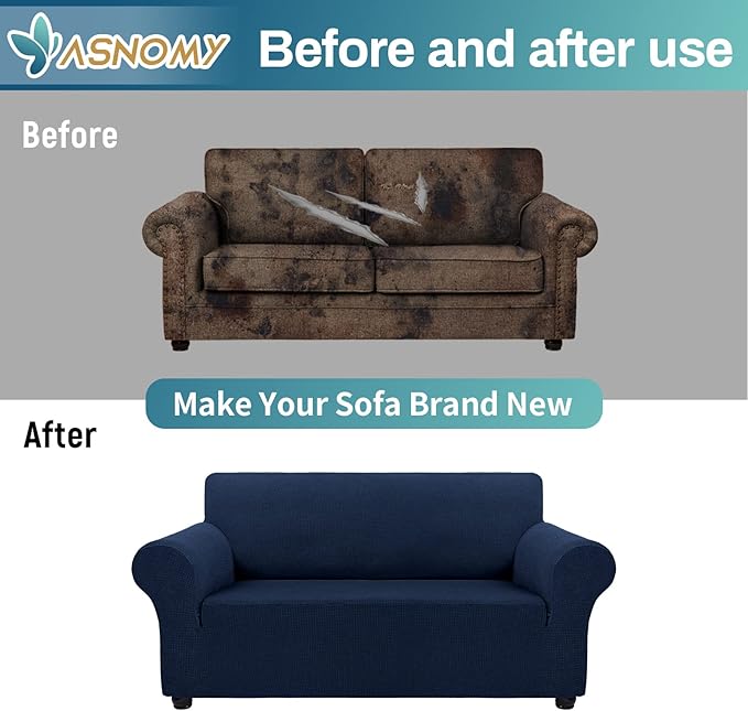 Asnomy Sofa Covers for 2 Cushion Couch Stretch loveseat Covers Slipcovers, Pet Protector Furniture Covers for Dogs Cats Spandex Jacquard Fabric Small Checks (Medium, Navy Blue)