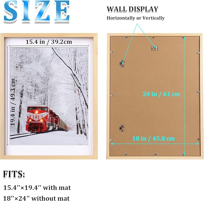 Egofine 18x24 Poster Frame Set of 2 Solid Wood Frame with Plexiglass Matted for 16x20 for Wall Mounting Hanging Picture Frame Vertically or Horizontally, Natural Wood