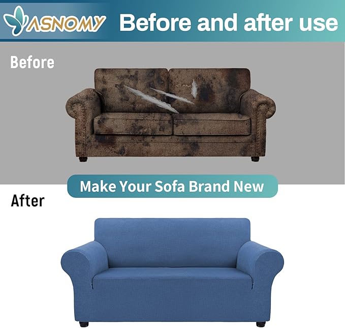 Asnomy Sofa Covers for 2 Cushion Couch Stretch loveseat Covers Slipcovers, Pet Protector Furniture Covers for Dogs Cats Spandex Jacquard Fabric Small Checks (Medium,River Blue)