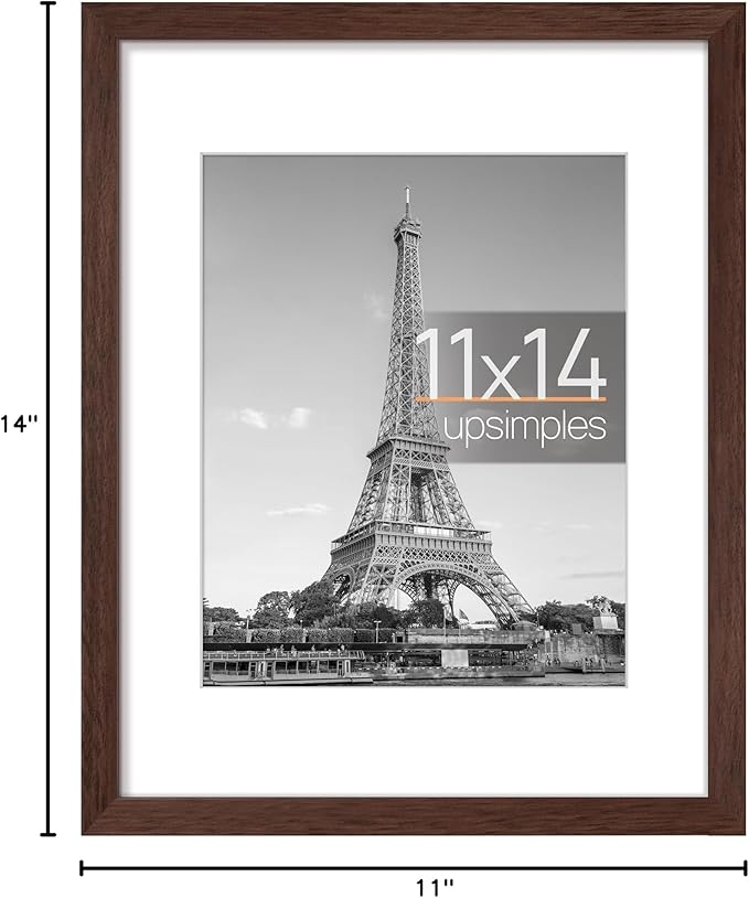 upsimples 11x14 Picture Frame, Display Pictures 8x10 with Mat or 11 x 14 Without, Wall Hanging Photo Frames, Brown, 1 Pack
