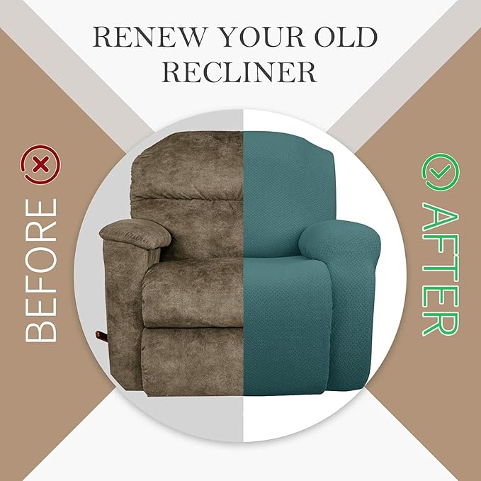 JIVINER 4-Piece Recliner Chair Covers Stretch Jacquard Covers for Reclining Chair Recliner Slipcovers for Living Room Soft Recliner Protector with Pocket (Recliner, Peacock Blue)