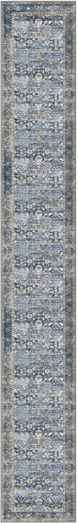 KUTA Vintage Washable Long Runner Rug, 2.6x18 Blue Grey Beige Runners for Hallways Non-Slip Kitchen Rugs Ultra Thin Soft Printed Distressed Floral Floor Carpet for Bedroom Living Room Nursery