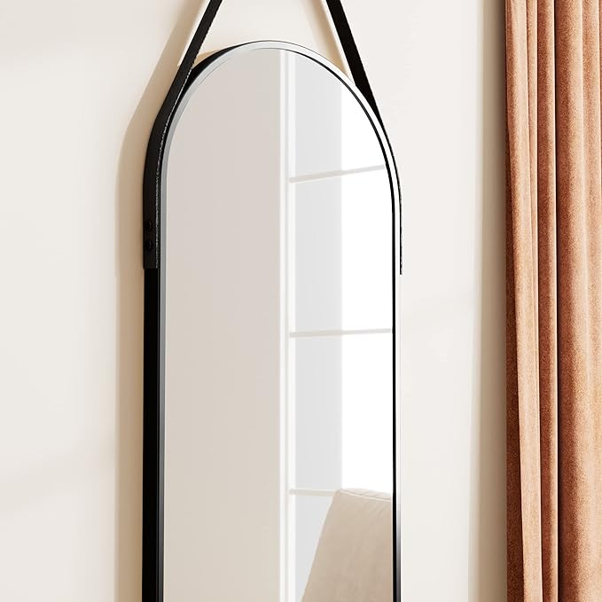OGCAU 16''x48'' Arched Full Length Mirror for Wall, Full Body Arched-Top Hanging Mirror or Wall Mounted in Bedroom, Living Room, Aluminum Alloy Frame with Straps (Black)