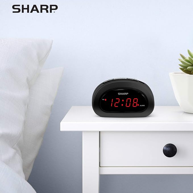 Sharp Small Digital Alarm Clock, Red LED, Snooze, 9V Battery Backup, Black - Image 6