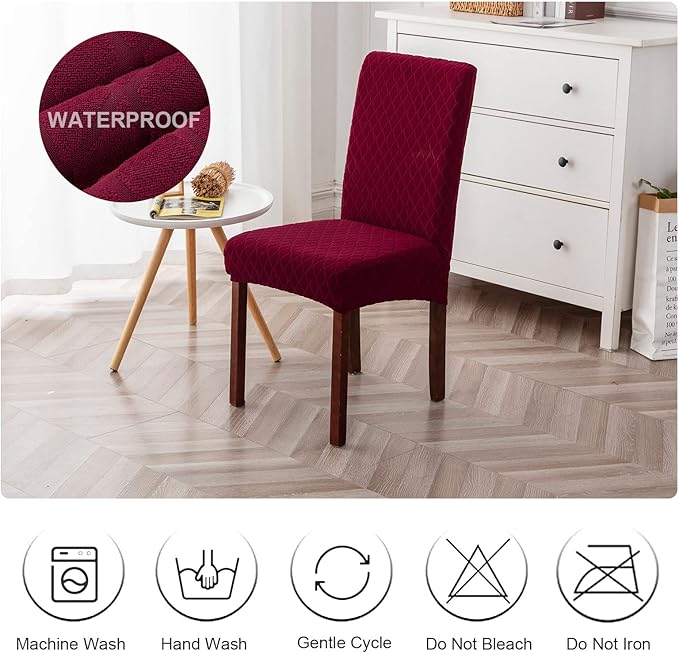 Genina Waterproof Chair Covers for Dining Room, Stretch Jacquard Dining Chair Slipcovers Removable Washable Chair Protector for Kitchen, Hotel, Restaurant (Argyle-Wine Red, 4 PCS)