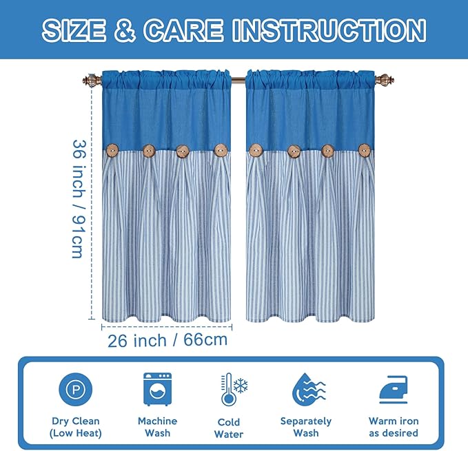 ASPMIZ Linen Kitchen Curtains 36 Inch Length, Farmhouse Kitchen Window Curtain Over Sink, Lake Blue Striped Short Curtains for Small Windows, Bathroom, Rod Pocket Window Treatment Tiers with Button