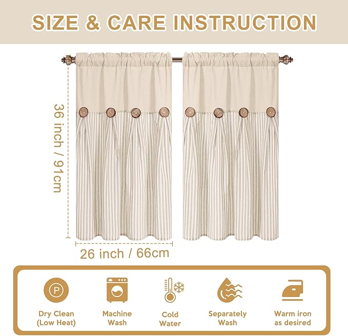 ASPMIZ Boho Linen Kitchen Curtains 36 Inch Length, Farmhouse Kitchen Window Curtain Over Sink, Khaki Striped Short Curtains for Small Windows, Bathroom, Rod Pocket Window Treatment Tiers with Button