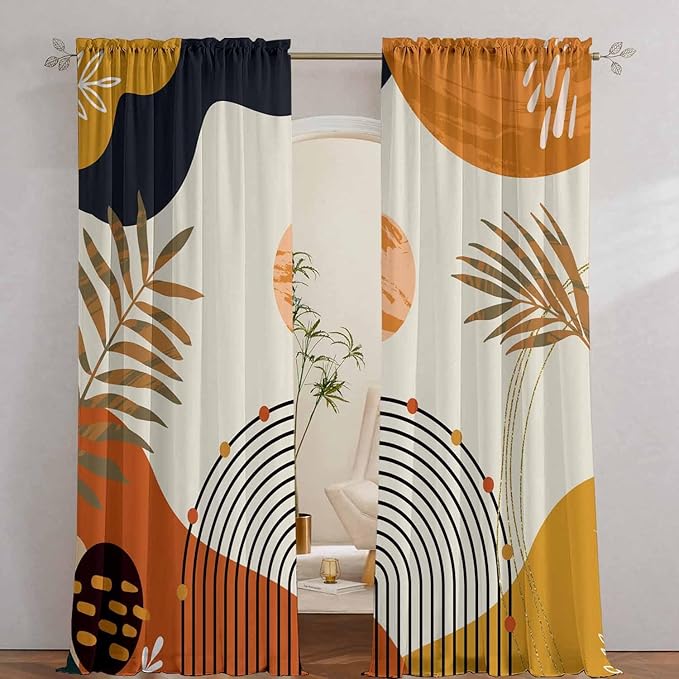 Boho Mid Century Abstract Leaves Curtains 52X84Inch Rainbow Living Room Curtain 2Pc Burnt Orange Curtains for Bedroom Modern Geometric Drapes Yellow Plant Colorful Curtain