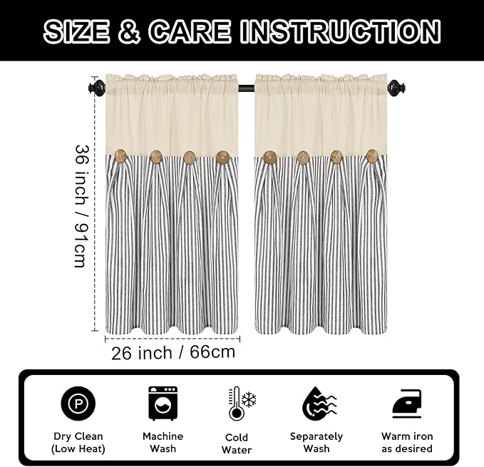 ASPMIZ Cotton Linen Farmhouse Kitchen Curtains, Grey Stripe Tier Curtains 36 Inch Lenth, Boho Rustic Button Short Rod Pocket Curtain for Small Window, Half Window Curtain for Kitchen Cafe, 2 Panels