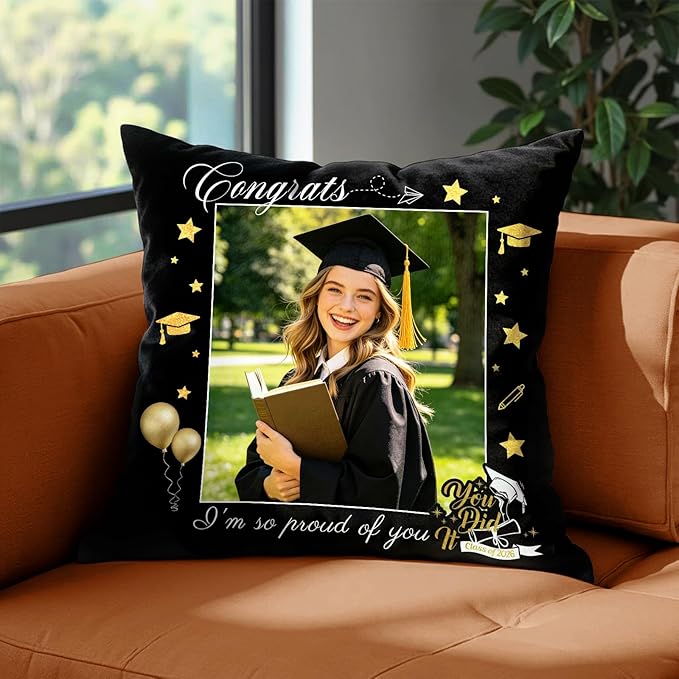 Custom Pillow with Picture & Text - Include Insert, Personalized Graduation Gifts for Class of 2026, Inspirational Souvenir Gifts for Senior College Masters