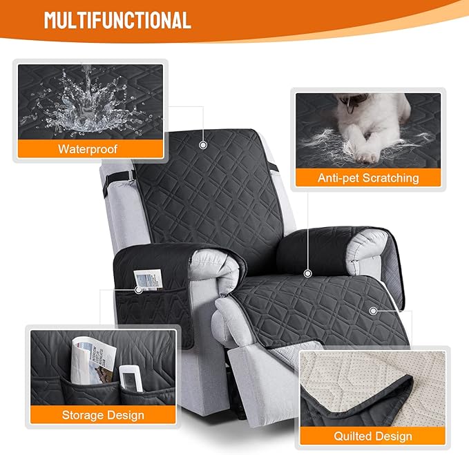 VANSOFY 100% Waterproof Recliner Chair Covers, Recliner Cover Non-Slip Dog Chair Cover Furniture Protector Washable Slipcover with Pocket, Elastic Straps for Pets, Dogs(Black, 22")