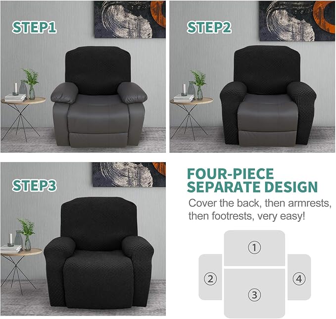 YEMYHOM 4 Pieces Oversized Stretch Recliner Slipcover Latest Jacquard Large Recliner Chair Cover with Side Pocket Anti-Slip Fitted Furniture Protector with Elastic Bottom (X-Large Recliner, Black)