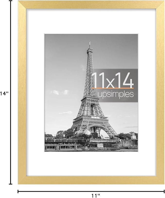 upsimples 11x14 Picture Frame, Display Pictures 8x10 with Mat or 11x14 Without Mat, Wall Hanging Photo Frame, Gold, 1 Pack