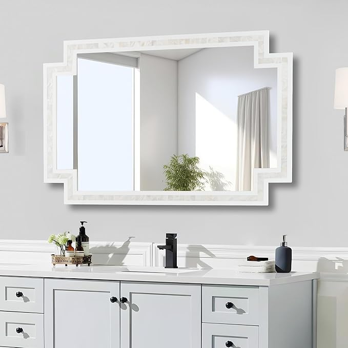 Tanmicoshomy 24 x 36 Inch White Bathroom Mirrors for Wall, Decorative Shell Inlay Mosaic Rectangle Mirrors with Tempered Glass for Bedroom, Living Room or Entryway