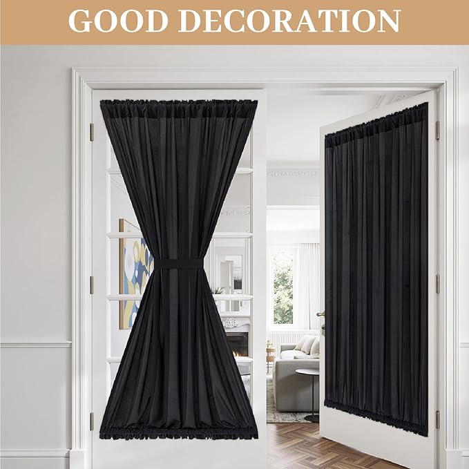 MIULEE Non-See-Through French Door Curtains for Doorway, Privacy Semi Sheer Curtains for French Doors, Light Filtering Rod Pocket Window Drapes with Tie Back, Black, 54 x 72 inches, 2 Panels