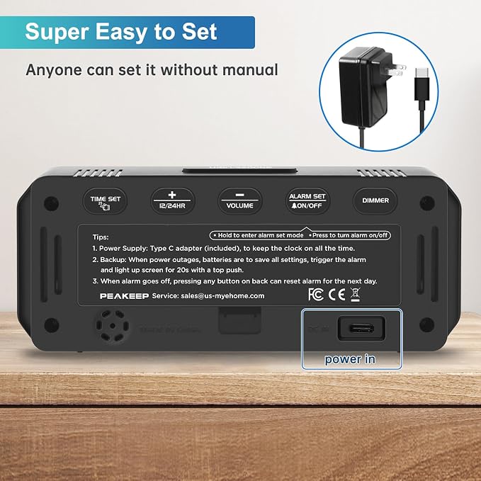 Peakeep Small Digital Alarm Clock for Bedroom, Large Number, Battery Backup | Plug-in Tiny Electric Clock Brightness Dimmable for Bedsise Desk Table Small Spaces, 5 Volume, Easy to Set, Adapter Included - Image 7