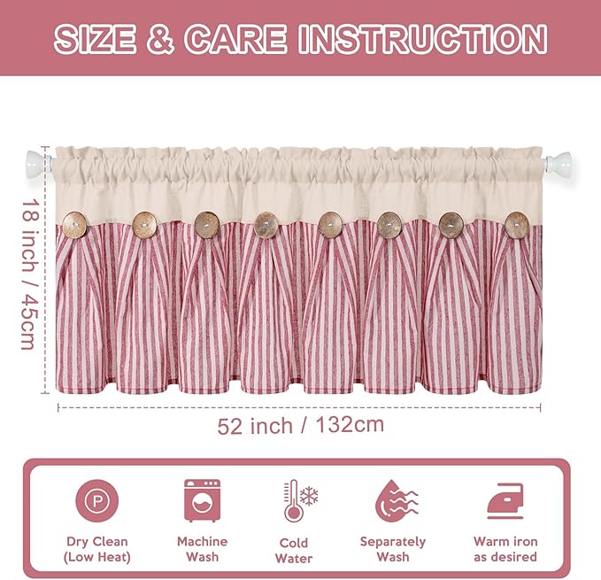 ASPMIZ Farmhouse Cotton Linen Valances for Windows, Boho Kitchen Curtains Valances with Rustic Button, Red Stripe Window Treatments Curtain Valance for Bathroom Cafe, 52 x 18 Inch, 1 Pannel