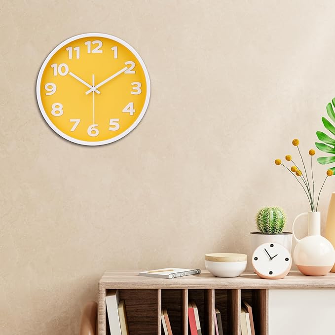 10 Inch Yellow Wall Clock with Big Numbers - Battery Operated Silent Modern Simple Decor Easy to Read for Kitchen, Bedroom, Living Room, Office, School
