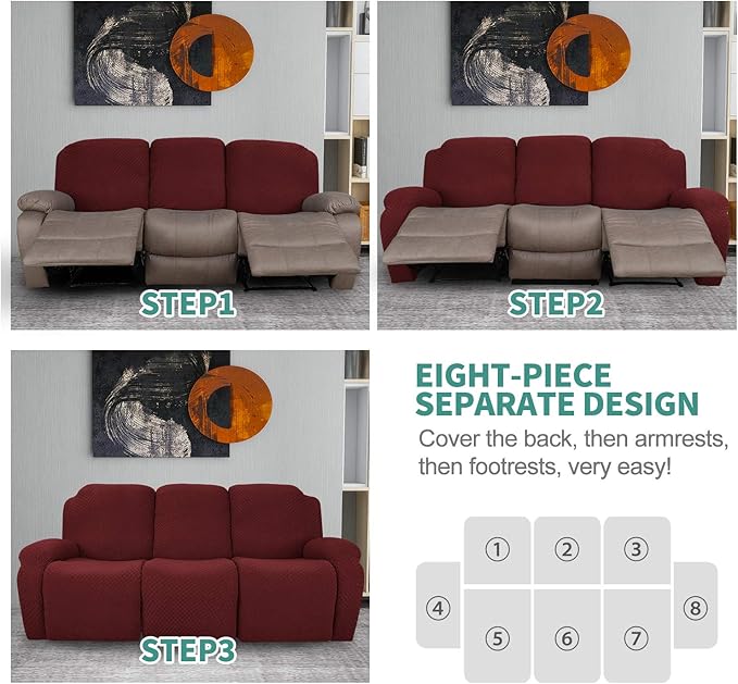 YEMYHOM 8 Pieces Stretch Recliner Sofa Cover Latest Jacquard Reclining Couch Cover with Side Pocket Anti-Slip Fitted 3 Cushion Furniture Slipcovers with Elastic Bottom (Large, Wine Red)