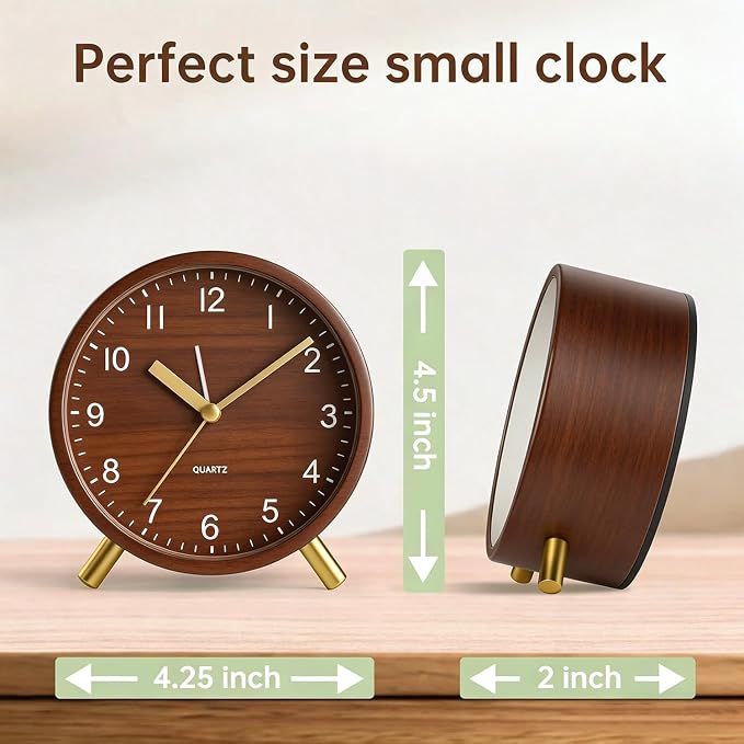 Analog Alarm Clock, Silent Non-Ticking with Night Light, Retro Fashionable Round Metal Alarm Clock for Office, Battery Operated, Bedroom, Elderly, Adults, Men Gifts Back to School,Wood-like Color - Image 8