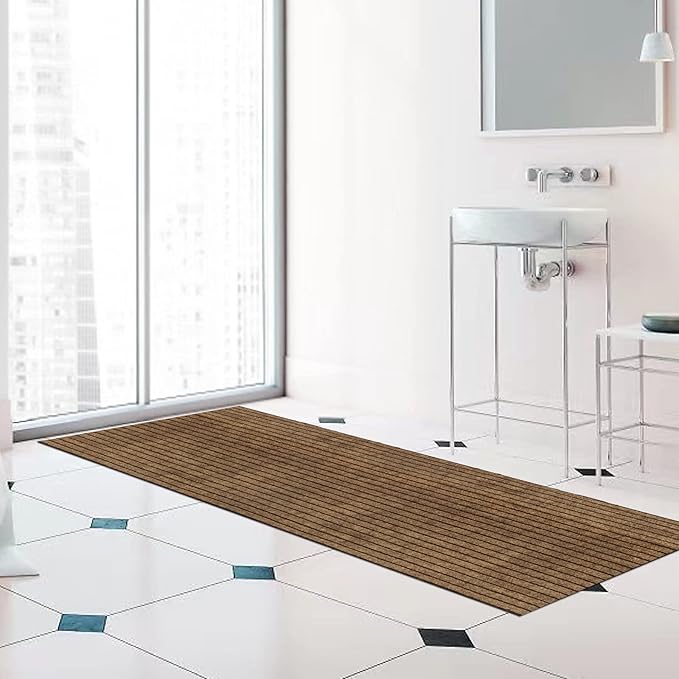 Runner Rug 2 ft x 44 ft Indoor/Outdoor Low Profile, Hallway, Kitchen, Patio, Deck Area, RV, Entryway, Garage, with Non-Slip Rubber Backing, Brown with Brown Stripe, Custom