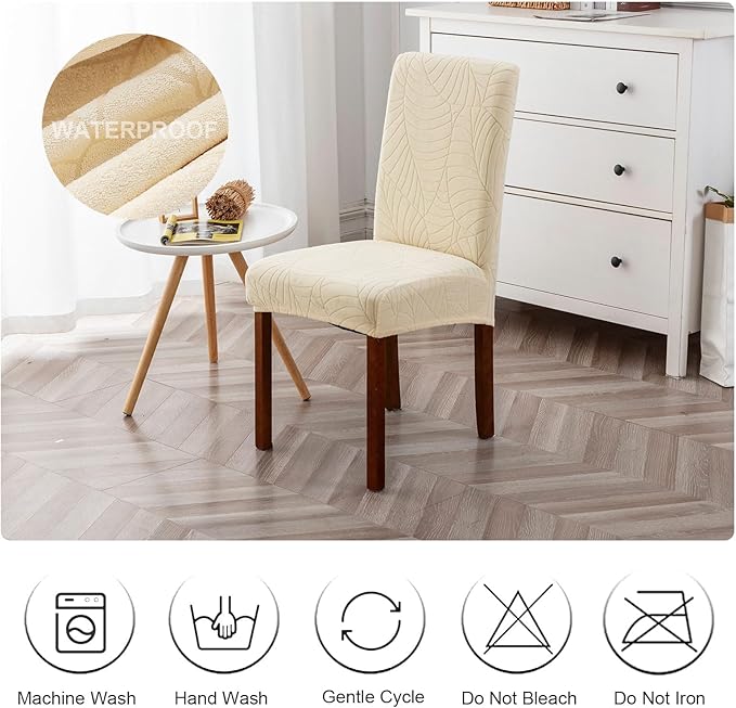 Genina 100% Waterproof Chair Covers for Dining Room Set of 4, Large Dining Room Chair Covers Protectors Stretch Kitchen Parson Chair Slipcovers for Home, Restaurant (Large, Leaves-Beige)