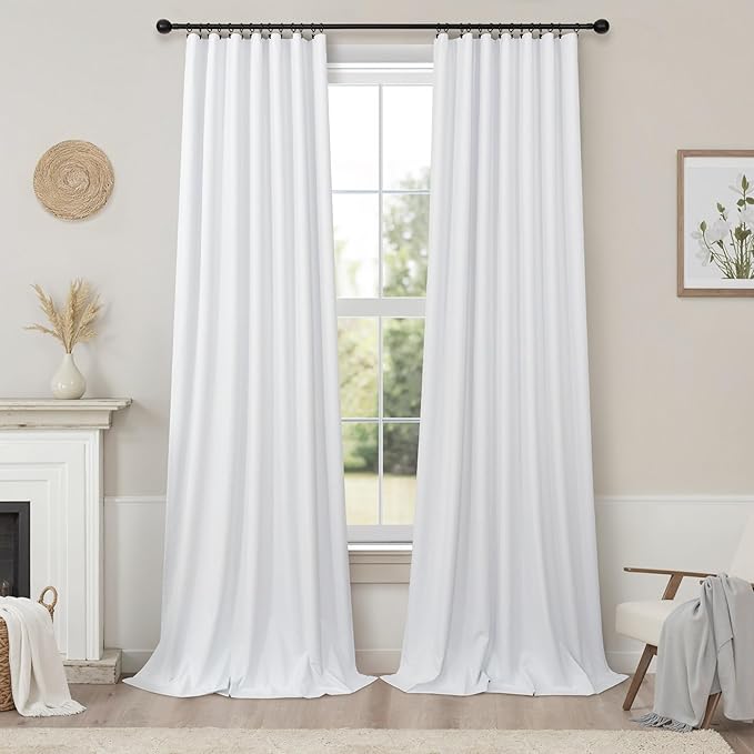 Blackout Curtains 108 Inch Long 2 Panels Burg Sound Curtains Noise Reducing Heavy Drapes 108 Inches Length Faux Linen Farmhouse Floor to Ceiling Curtain for Living Room Office Back Tab 9 ft Tall White