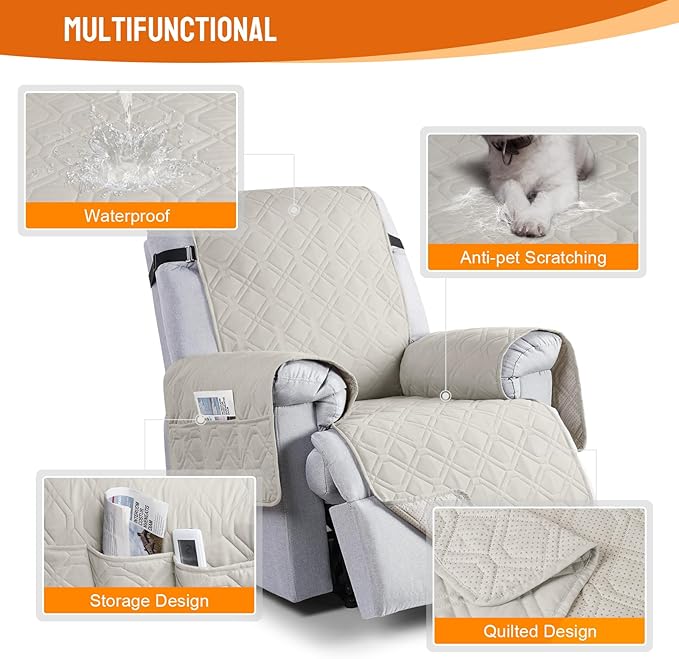 VANSOFY 100% Waterproof Recliner Chair Covers, Recliner Cover Non-Slip Dog Chair Cover Furniture Protector Washable Slipcover with Pocket, Elastic Straps for Pets, Dogs(Beige, 22")