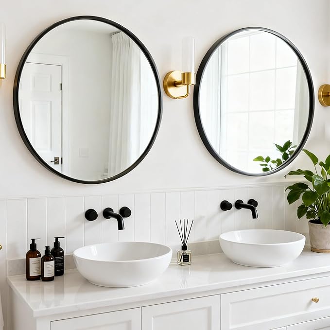 Round Wall Mirror 24 Inch Black Vanity Mirror with Metal Frame, Modern Circle for Bathroom, Entryway, Bedroom, Living Room, Wall Mounted Decorative Mirrors