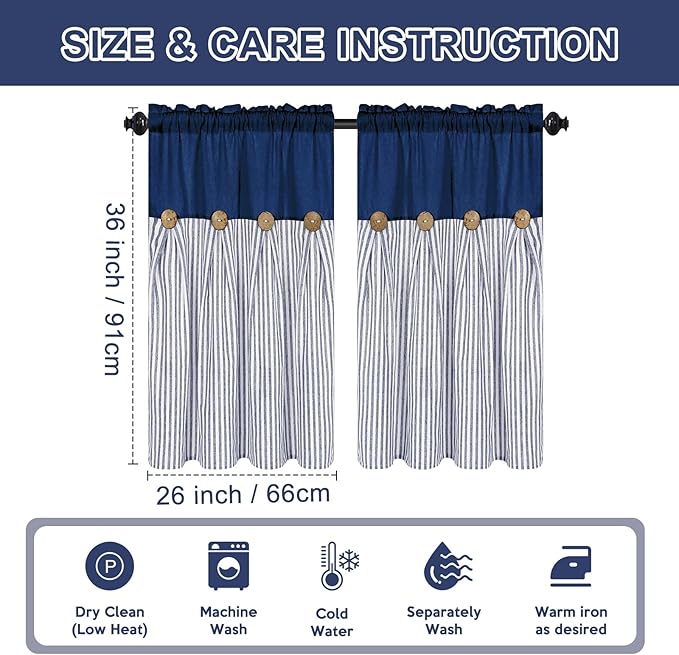 ASPMIZ Cotton Linen Farmhouse Kitchen Curtains, Blue Striped Tier Curtain 36 Inch Lenth, Boho Rustic Button Short Curtains for Small Window, Rod Pocket Half Window Curtain for Kitchen Cafe, 2 Panels