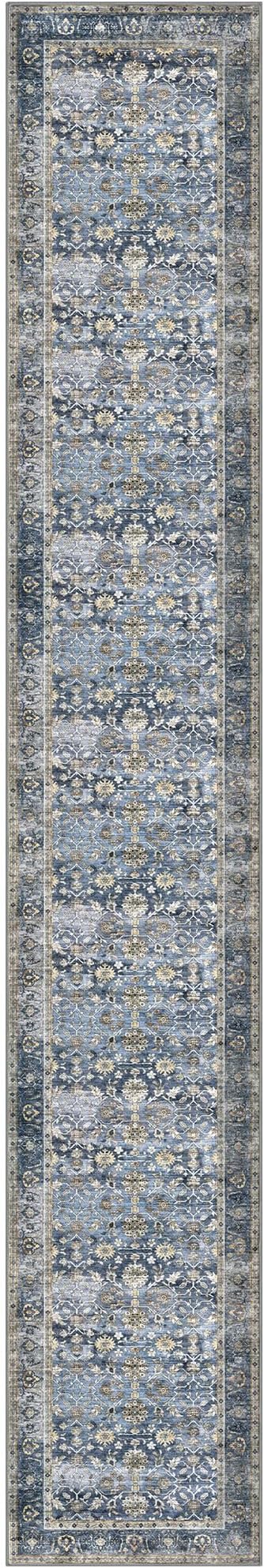 KUTA Vintage Washable Long Hallway Runner Rug, 2.6x16 Blue Grey Beige Non-Slip Kitchen Rugs Ultra Thin Soft Printed Distressed Oriental Floral Floor Carpet for Laundry Bedroom Living Room Nursery