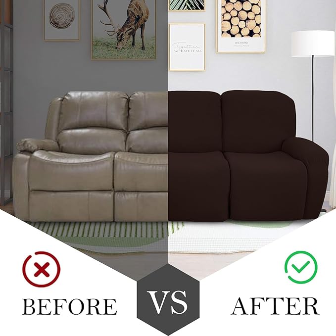JIVINER 8-Piece Recliner Sofa Covers Stretch Jacquard Couch Covers for Recliner Slipcovers for Living Room 3 Cushion Soft Recliner Protector with Pocket (Sofa Recliner, Dark Coffee)