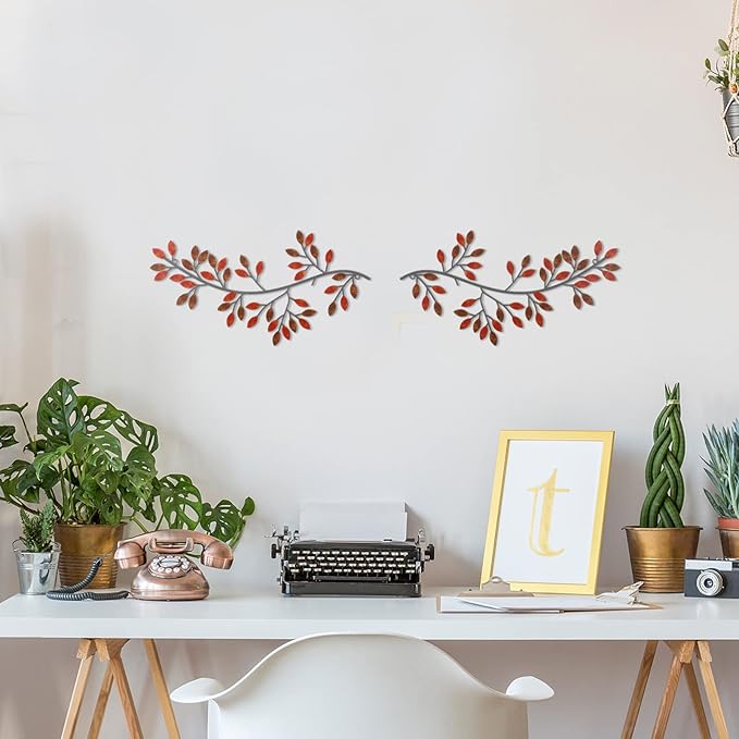 Hotop 2 Pieces Metal Tree Leaf Wall Decor Vine Olive Branch Leaf Wall Art Wrought Iron Scroll Sculptures Above the Bed, Living Room, Outdoor Decoration(Classic Style,Rusty Color)
