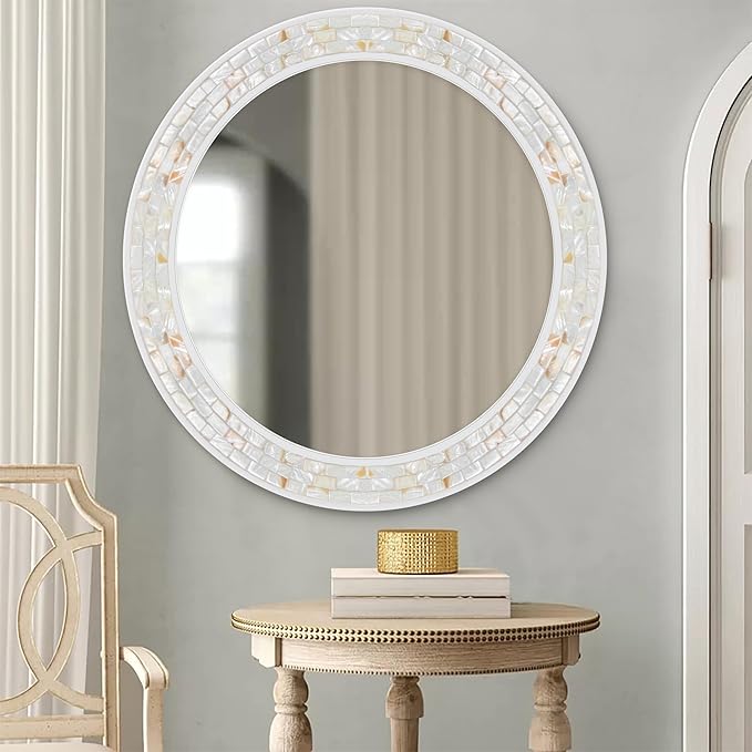 Tanmicoshomy Round Wall Mirror 30 Inch, Natural Shell Framed Circle Mirrors with Tempered Glass for Coastal Bathroom Bedroom Living Room or Entrayway