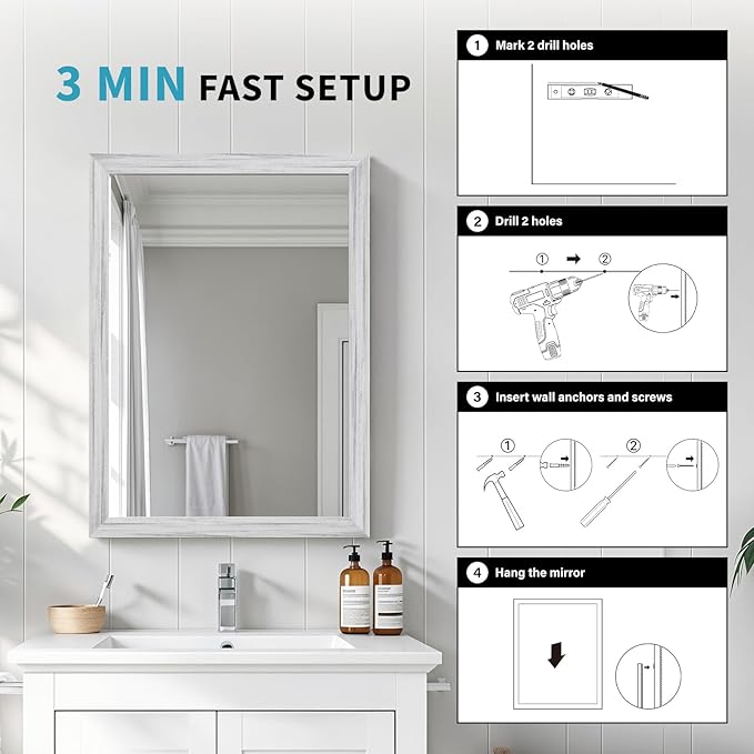 White Wood Effect Framed Wall Mirror, 24x32 Rectangle Mirror, Anti-desilvering Tempered Glass, Sustainable& Sturdy Frame, Farmhouse Mirror, Anti-Rust, 3min Fast Setup for Bathroom Living Room