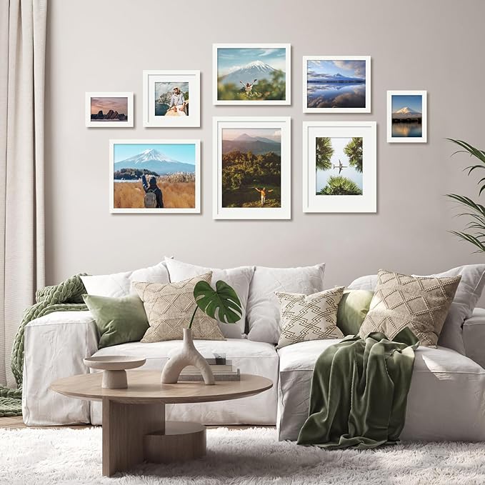Egofine 12x16 Picture Frames 4PCS Covered by Plexiglass, Made of Solid Wood, Display Pictures 9x12/11x14 with Mat or 12x16 Without Mat for Wall Mounting, White with Texture