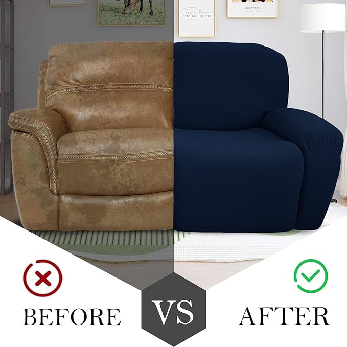 JIVINER 6-Piece Loveseat Recliner Slipcover Stretch Jacquard Recliner Sofa Cover 2 Seater Washable Reclining Couch Cover with Pocket Fitted Furniture Protector Cover (Loveseat Recliner, Navy Blue)