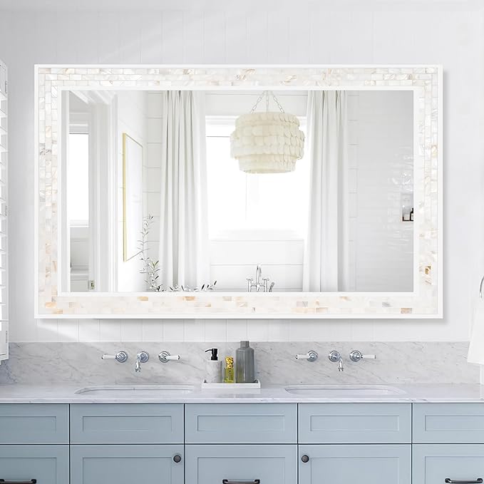 Tanmicoshomy 30 x 48 Inch White Bathroom Mirror, Natural Shell Framed Rectangular Mirrors for Bedroom, Living Room or Entryway, Wall Mounted Horizontal or Vertical Hanging