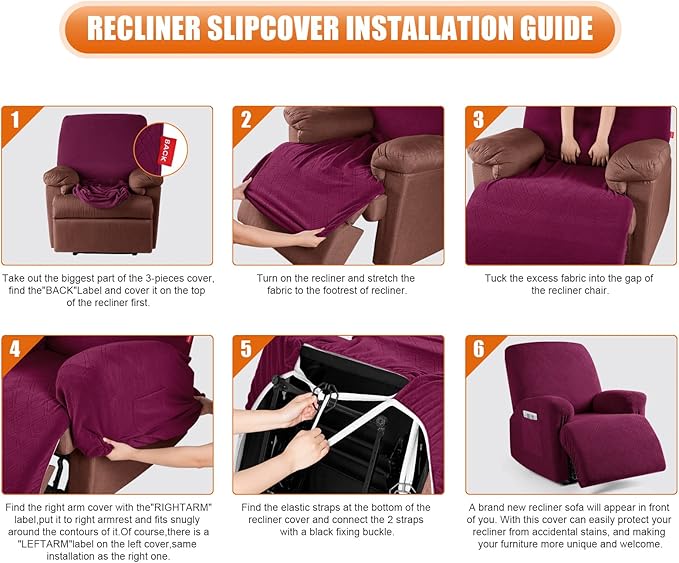 VANSOFY Recliner Chair Cover, 3-Pieces Stretch Recliner Covers for Recliner Chair Soft Reclining Chair Slipcover Furniture Protector for Dogs Cats(Burgundy)