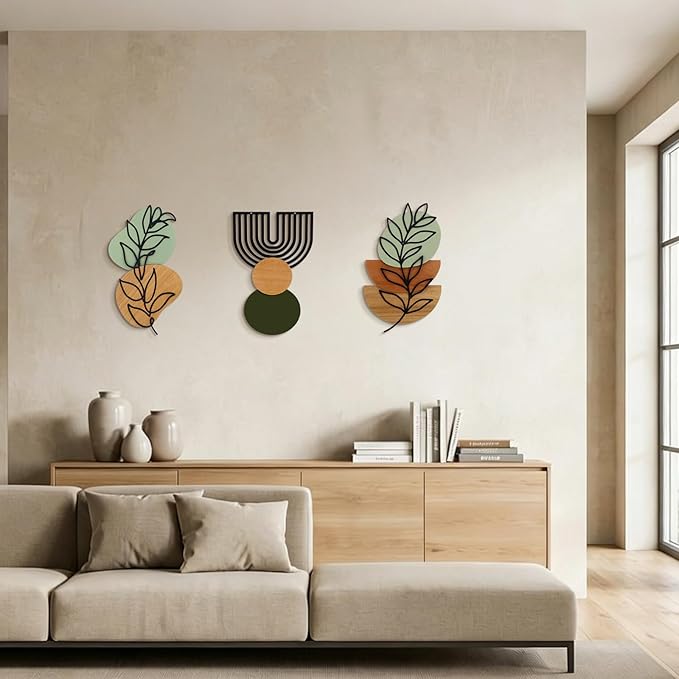 Wenqik Set of 3 Boho Wall Art Decor 3D Wood & Metal Abstract Geometric Wall Hangings Sculpture 15 x 6in Sage Green Beige Terracotta Minimalist Botanical Artwork for Home Decor Gallery Living Room