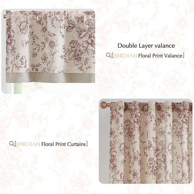 jinchan Linen Floral Valance Double Layer Kitchen Window Curtain Brick Red Flower Valance for Living Room Cafe Farmhouse Light Filtering Rustic Country Curtain 18 Inch Rod Pocket 1 Panel