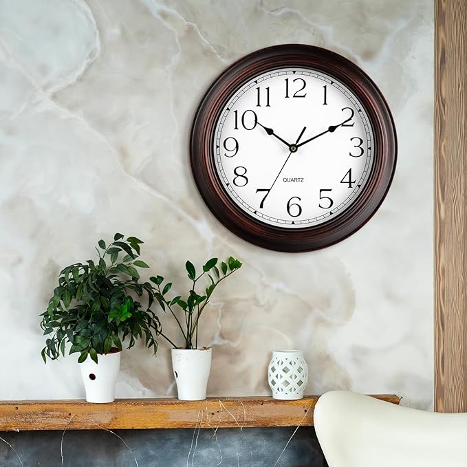 12 Inch Wall Clocks Battery Operated Silent Non-Ticking Wall Clock Vintage Retro Rustic Style Decorative for Living Room Kitchen (Bronze)