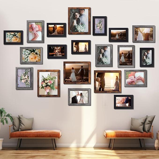 Namalu 20 Pcs Gallery Wall Frames Set Rustic Picture Frames Collage Assorted Photo Wall Decor Pack for Hanging or Tabletop Display Multi Sizes with 8 x 10, 5 x 7, 4 x 6 (Classic Color)