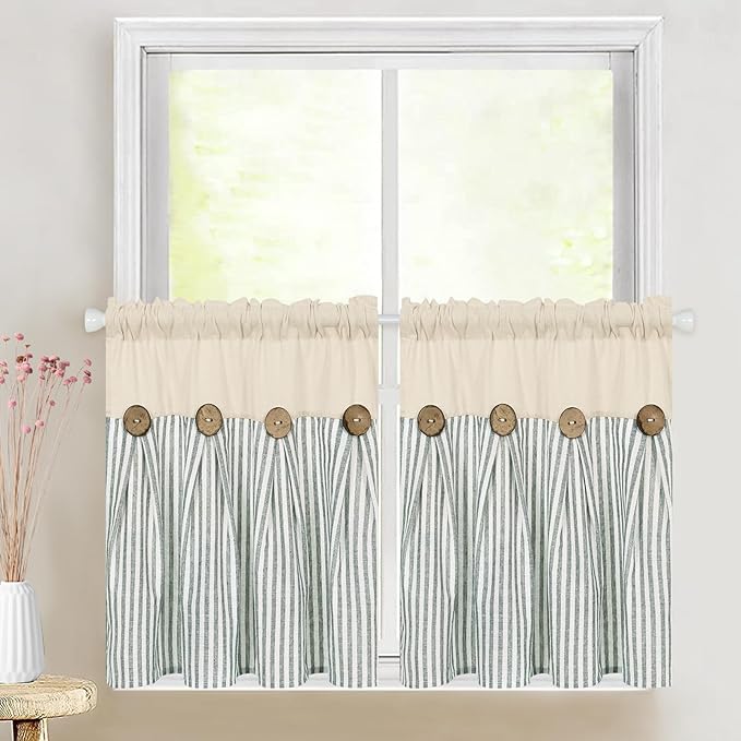 ASPMIZ Cotton Linen Kitchen Curtains 24 Inch Length Tier Curtain for Small Window Treatment, Boho Button Half Window Curtain Farmhouse, Green Stripe Rod Pocket Short Curtains for Window, 2 Panels
