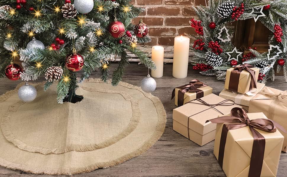 Christmas Tree Skirt, 30 inches Small Plain Burlap Tree Skirt with Tassels, Natural Jute Tree Skirt for Xmas Home Decor Indoor, Fall Winter Rustic Christmas Decorations for Slim Pencil Tree - Image 5